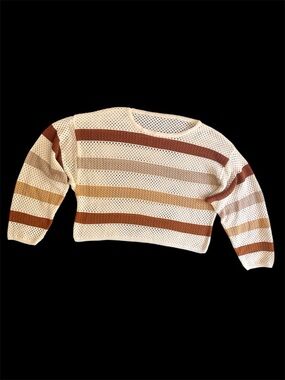 Women’s Cream Striped Open-Knit Cropped Sweater